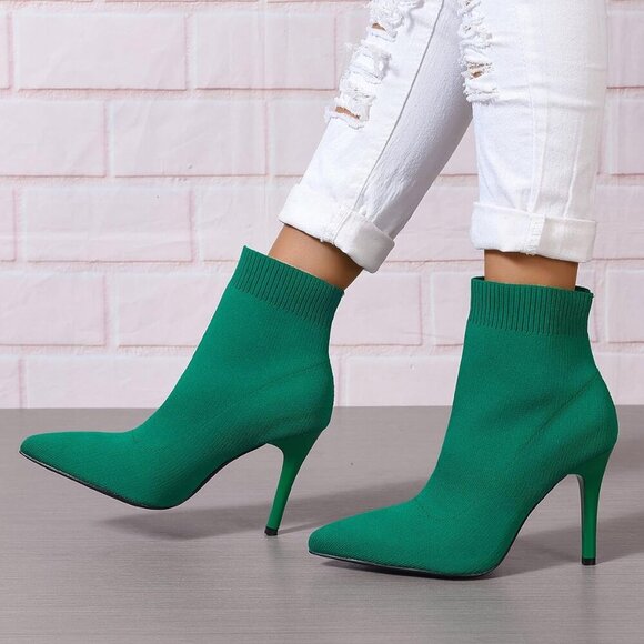 Women Sock Ankle Boots Stiletto Heels Pointed Toe Dressy Short Size 6-12 - Picture 5 of 7